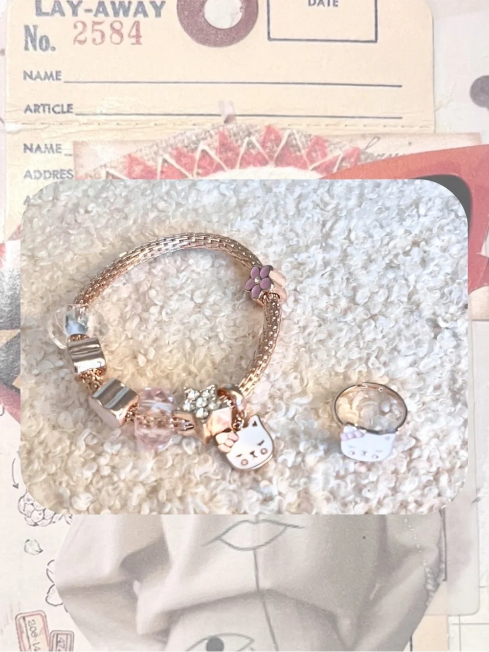(kids) 🎉Rose Gold Cat Heart Star Crystal Charm Bracelet & Cat Ring